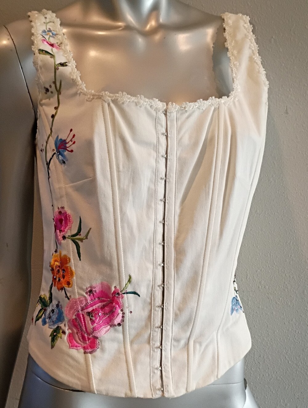 AnéV Vintage 90s  Embroidered Lace Beads Fitted Hook/Eye Corset Sz M Fairy Boho